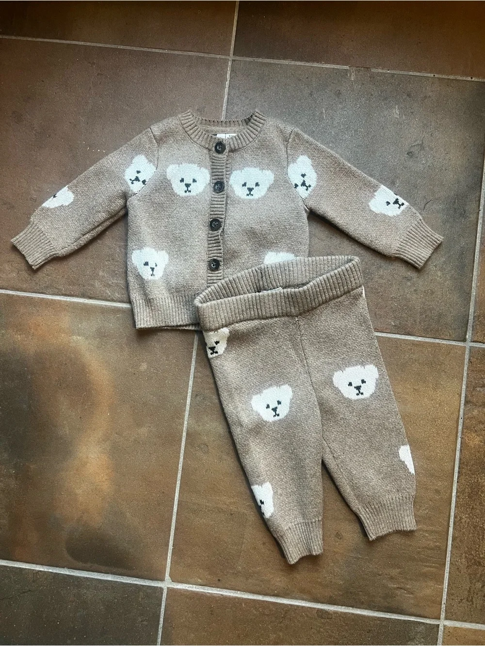 Janie and Jack Brown Knit Cardigan and pant set with Cream Bear Accents